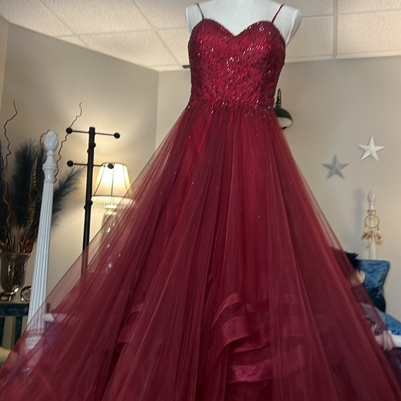 Red Rhinestone pageant or prom dress. Size 10. Like new measurements provided.